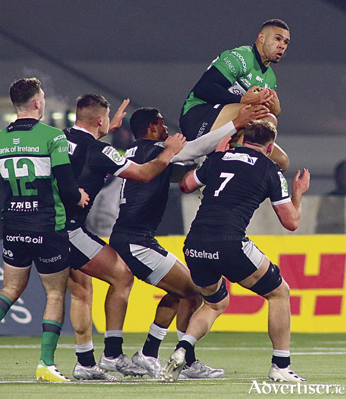 Connacht's Adam Byrne wins the ball, denying three Newcastle Falcons in action from the first round of the European Rugby Challenge Cup Pool A game at the Sportsground on Saturday evening. 
Photo:- Mike Shaughnessy