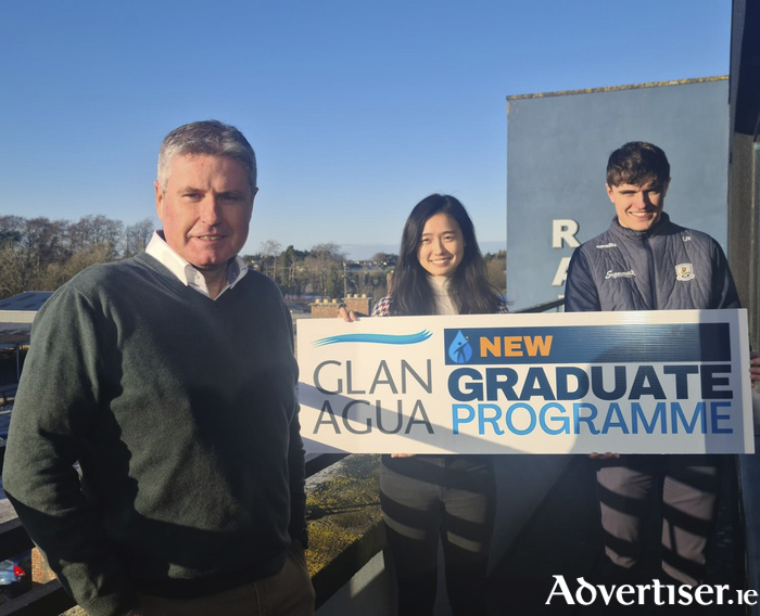 Pictured left to right; Karl Zimmerer, Managing Director, Glan Agua with current Glan Agua graduates Yokshan Lim and Liam O’Reilly at the company’s head office in Loughrea.
