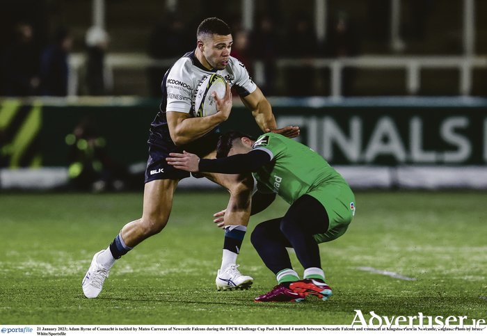 Adam Byrne of Connacht is tackled by Mateo Carreras of Newcastle Falcons. Photo by Bruce White/Sportsfile