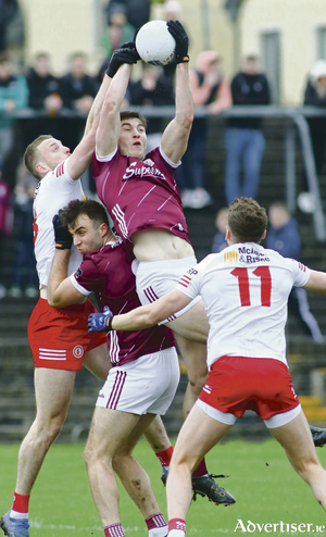 Galway&#039;s Matthew Tierney wins a high ball in action from the Allianz National Football League game against Tyrone at Tuam Stadium on Sunday. Photo:- Mike Shaughnessy