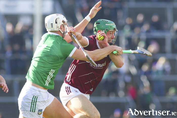 Galway's Ciarán Fahy and Limerick's Kyle Hayes in action from the Allianz National Hurling League game at Pearse Stadium on Sunday. 
Photo:- Mike Shaughnessy