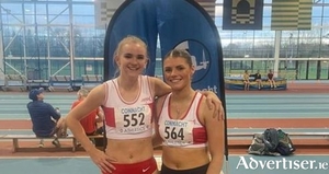 GCH sprinters Laura Ann Costello ( winner 60+200m) and Nicole Quirke at Connacht Indoors.