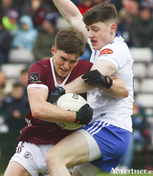 Galway&#039;s Cathal Sweeney is held by Monaghan&#039;s Stephen O&#039;Hanlon in action from the Allianz National Football League game at Pearse Stadium on Sunday. Photo:- Mike Shaughnessy. 