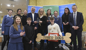 Mayo&rsquo;s Senior winning team: &lsquo;Tyred Dogs&rsquo; pictured with their teacher Edel Casserly receiving their Award from Minister Dara Calleary TD and John Magee, Head of Local Enterprise Office Mayo. Photo Conor McKeown