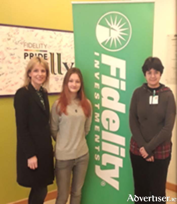 Irene Cunningham, Fidelity Investments, and Galway Community College second level students Kateryna Diachenko and Beatriz Viude Castanho.