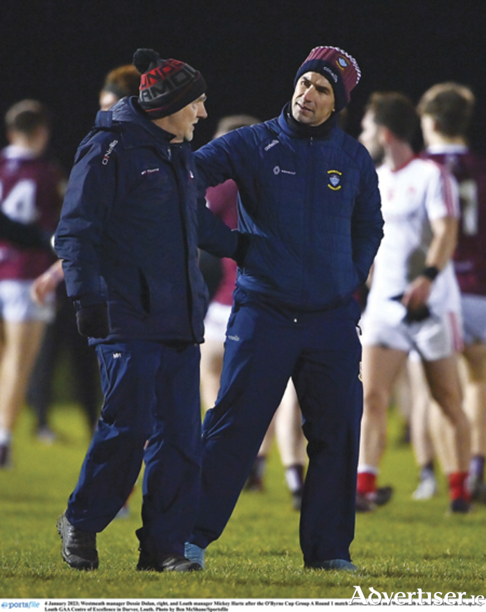 Westmeath manager, Dessie Dolan and Louth manager, Mickey Harte, share a few words after the O’Byrne Cup Group A Round 1 match between the counties in January.  The Lake County manager will be hoping for a different result when the teams meet in the Leinster senior football championship quarter final on Sunday week. Photo by Ben McShane/Sportsfile
