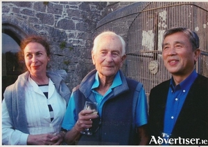 Reconciliation: The late commander Bill King (centre) with (left) Katja Boonstra, and Akira Tsurukame at Oranmore Castle.