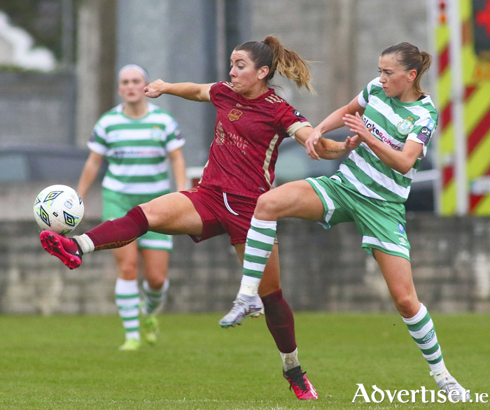 Galway United goal scorer Gemma McGuinness and Shamrock Rovers' Aoife Kelly in action from the SSE Airtricity Women's League game at Eamonn Deacy Park on Saturday. Photo:- Mike Shaughnessy 