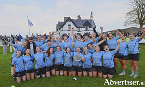 Galwegians celebrate winning the Energia Women&#039;s AIL Plate Final after defeating Blackrock at Crowley Park on Sunday. Photo:- Mike Shaughnessy 