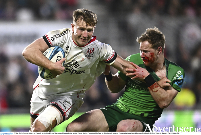 Bloodied and bruised, Conancht's Kieran Marmion gets to grip with Ulster's Stewart Moore at Kingspan Stadium in Belfast.