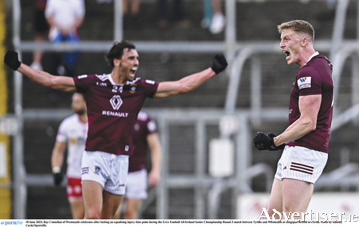 Athlone club player, Ray Connellan, celebrates after kicking an equalising injury time point during the GAA Football All-Ireland Senior Championship Round 3 match between Tyrone and Westmeath at Kingspan Breffni in Cavan.  Also pictured is Rosemount club player, Andy McCormack.  Photo by Ramsey Cardy/Sportsfile