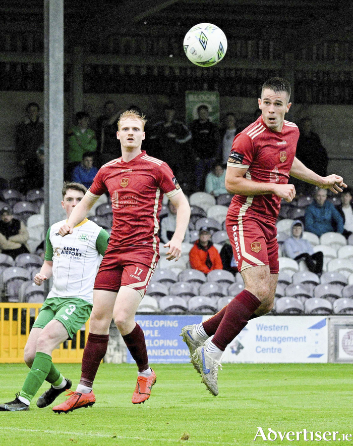 Maurice Nugent heads the ball to score the only goal of Galway 
United's win over Kerry FC in the SSE Airtricity League game at Eamonn Deacy Park on Friday night. 