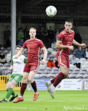 Maurice Nugent heads the ball to score the only goal of Galway 
United&#039;s win over Kerry FC in the SSE Airtricity League game at Eamonn Deacy Park on Friday night. 