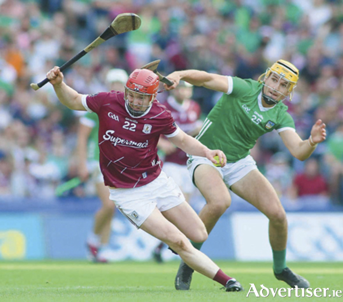 Galway’s Tom Monaghan and Limerick’s Cathal O’Neill in action from the GAA Hurling All- Ireland Senior Championship semi-final at Croke Park on Saturday. 
Photo: Mike Shaughnessy