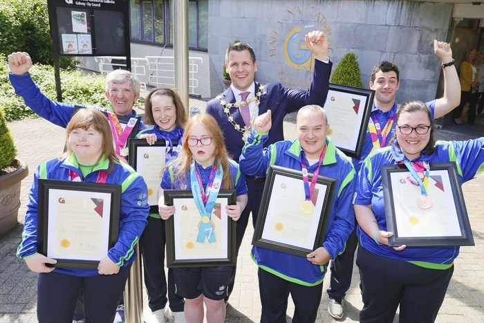 Pictured with Mayor Eddie Hoare are back row (l-r) Kevin Hardiman (Golf), Michelle Keane (Kayaking) and Liam Hynes (Kayaking). Front (l-r) Kate Dillon (Athletics), Marie Connolly (Gymnastics), Henry Cloran (Football) and Patrica Larkin (Swimming). Photo: Mike Shaughnessy 