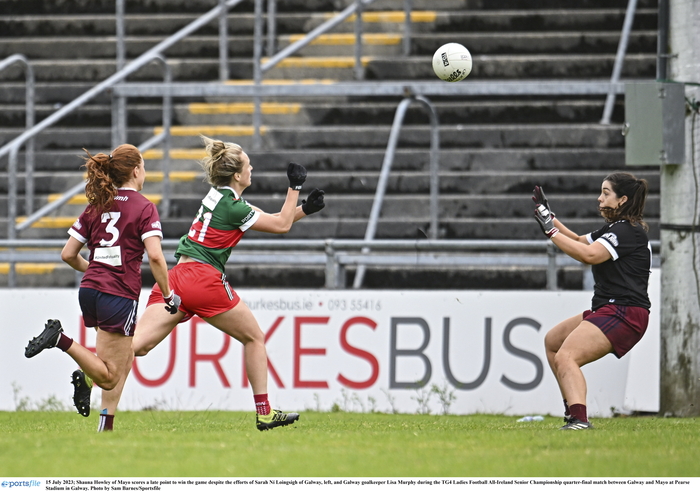Howley's Heroics: Shauna Howley of Mayo scores a late point to win the All-Ireland Senior Championship quarter-final match between Galway and Mayo at Pearse Stadium in Galway. Photo: Sportsfile 