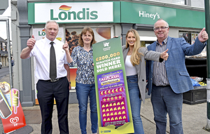 Shop Owner Enda Hiney with store manager Helen Keane, Sarah Ruane and  Pauric Gillespie from the National Lottery as they celebrate selling the winning ticket. Photo: Conor McKeown / Mac Innes photography.