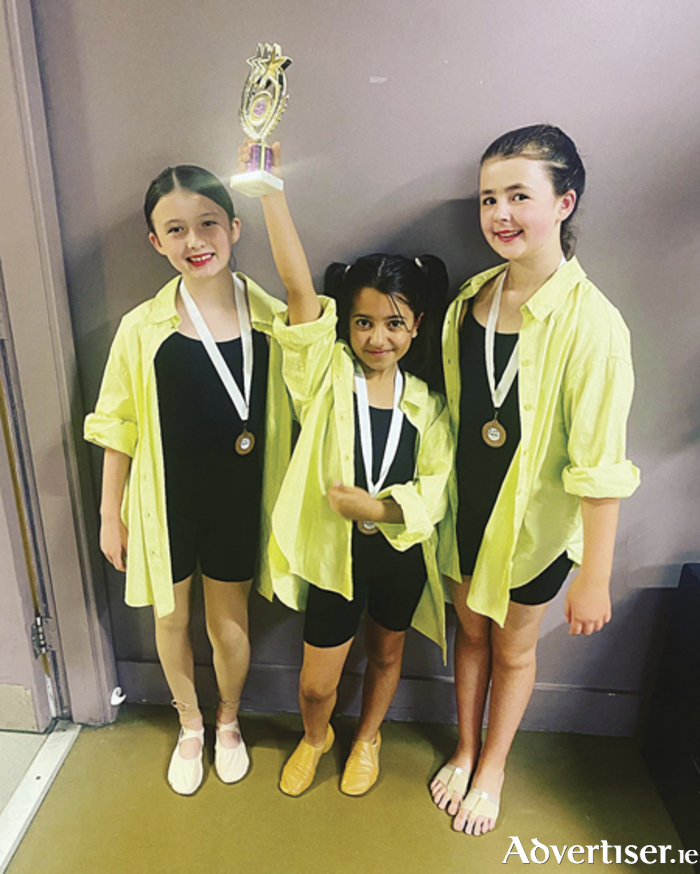 Pictured are Eliza Clery, Amira Reynolds and Emilie Bannon who came third in the trio group category at the recently hosted national championships.  The girls represented the Leinster School of Dance in Moate