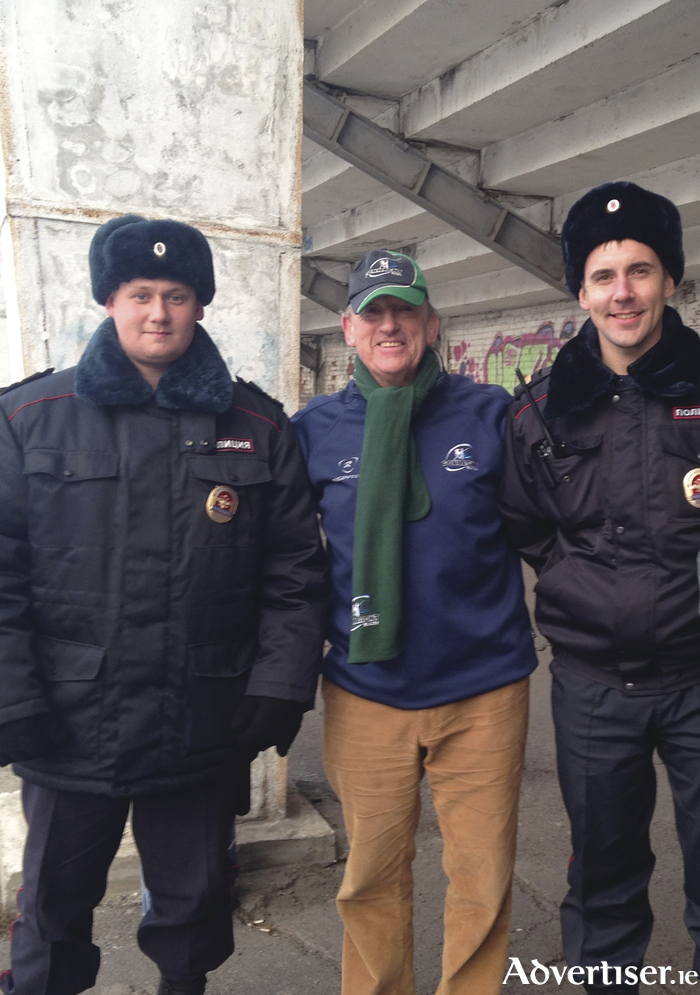 Gerry O'Donnell, chatting to Russian police, when Connacht played Enisei-STM in Krasnoyarsk.