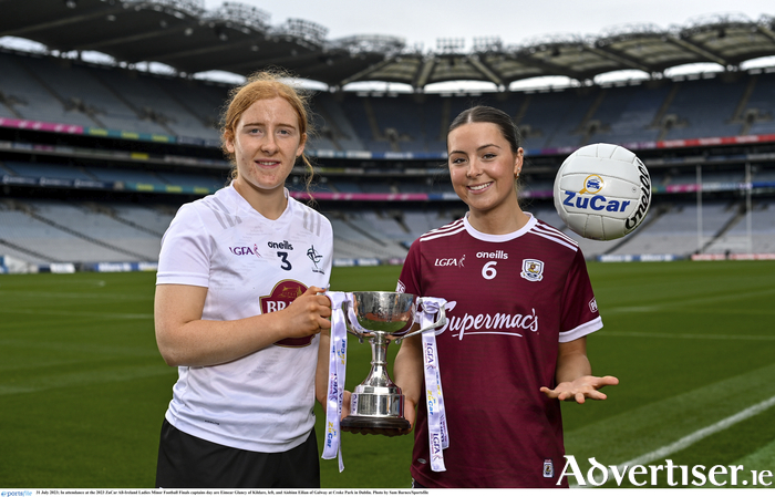 Captains Eimear Glancy of Kildare, left, and Aiobinn Eilian of Galway will be facing each other in Saturday's All Ireland Minor A Ladies Football Championship final.