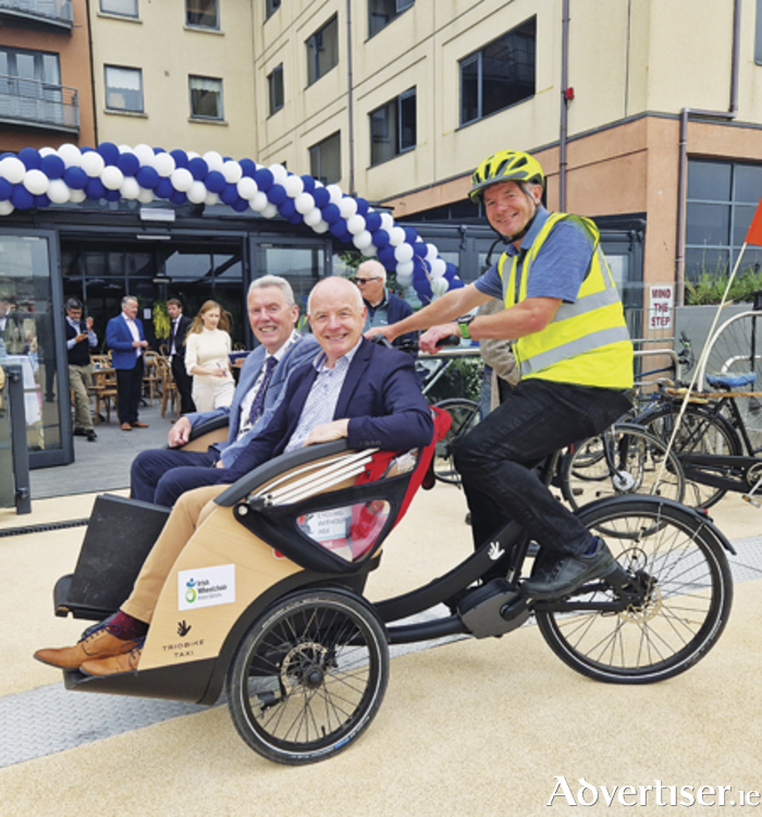 Cllr Frankie Keena is pictured with Cllr Liam McDaniel, Cathaoirleach, Westmeath County Council and Richard Ross following the opening of the new cycleway bridge in Athlone on Tuesday morning