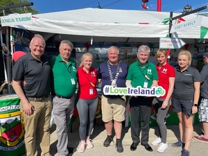 Mayo County Council and Tourism Ireland representatives (far left and right) working together to promote tourism in Ireland and Mayo at the Milwaukee Irish Festival 2023 - with Mayo representatives -  Cllr Damien Ryan, Mags Connell MCC, Cathaoirleach MCC Cllr Michael Loftus, Cllr Michael Burke and Elanor Hussey, Mayo LEO. 