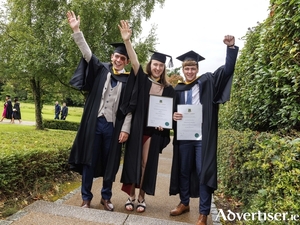 Avril King, Castlegar Co Galway (centre) pictured with fellow graduates Graham O&#039;Sullivan, Bantry Co Cork, and Ruairi O&#039;Sullivan, Rathcormac, Co Cork, at their conferral ceremony in UL this week. Photo: Arthur Ellis.