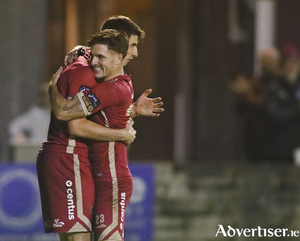 Galway United&#039;s Rob Manley  celebrates his second goal with Darren Clarke who also bagged two goals in 
Galway United&#039;s SSE Airtricity League 6-0 win over  Athlone Town in the SSE Airtricity League game at Eamonn Deacy Park on Friday night. Photo: Mike Shaughnessy 