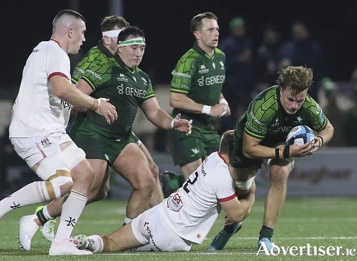 Connacht’s Cian Prendergast and Ulster’s Stewart Moore in action from the BKT United Rugby Championship game at The Sportsground on Saturday night. Photo: Mike Shaughnessy 
