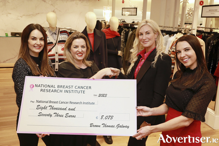 Attending the Brown Thomas, Galway cheque presentation to the National Breast Cancer Research Institute for €8,073 were: Marilyn Gallagher, General Manager, Brown Thomas Galway. Emer O’Flynn Fashions Department Manager Brown Thomas, Michelle Murphy and Joan Kennedy both from the National Breast Cancer Research Institute Galway Committee. The money was raised at the Brown Thomas Galway Autumn/Winter Fashion Show which was held recently at the Glenlo Abbey Hotel.     Photo: Sean Lydon