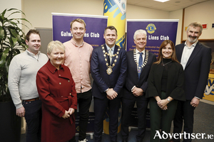 At the launch of the Galway Lions Club in Galway Bay FM were centre Mayor Councillor Eddie Hoare, Galway Lions Club President Frank O&rsquo;Neill, flanked by Shane Curley HomeWorld (sponsor), Galway Bay fm&#039;s John Morley, and Lions Geraldine Mannion, Muireann Ryan and Tony Kavanagh. Photo Sean Lydon
