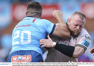 Joe Joyce of Connacht is tackled by Cyle Brink of Vodacom Bulls during the United Rugby Championship match between Vodacom Bulls and Connacht at Loftus Versfeld Stadium in Pretoria, South Africa. Photo by Shaun Roy/Sportsfile