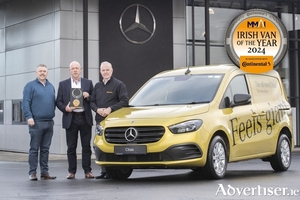 (From L-R:) MMAI Chairman, Joe Rayfus; Fergus Conheady, Mercedes-Benz CV Sales Manager; and Tom Dennigan, Continental Tyres Ireland, with the Mercedes-Benz Citan.