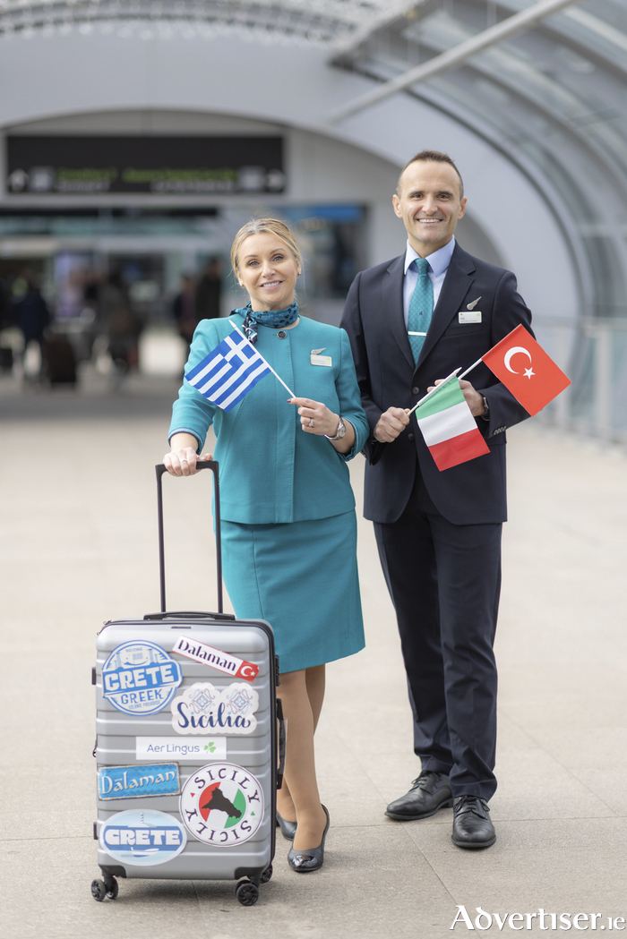 Picture shows from left Deborah Byrne, Aer Lingus Cabin Service Manager and Nik Robinson, Aer Lingus Senior Cabin Crew at the launch of three new routes to Mediterranean hot-spots in Summer 2024: Heraklion in Crete, Catania in Sicily, and Dalaman in Turkey. Pic: Naoise Culhane