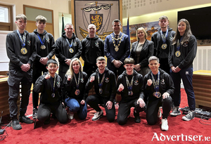 The pic shows back row from left to right: Corey O Malley (Ballybane): 2 Gold, 1 Silver. Se&aacute;n Murray (Annaghdown): 2 Silver, 1 Bronze. Peter Sheppard (Knocknacarra): 1 Gold (walkover). Pete Foley (Annaghdown - Black Dragon Chief Coach and IKF Ireland Irish Team Manager). Councillor Eddie Hoare (Mayor Of Galway City). Ailish Rohan (Galway City Council). Conor Mc Allister (Belfast - Fighting out of Galway BD): 1 Gold, 1 Silver. Giulia Comini (West End): 3 Gold, 1 Bronze. Front row from left to right: Jia Xin Chai (Wellpark): 1 Silver. Whitney Sheppard (Knocknacarra): 1 Gold, 1 Silver. Oisin Concannon (Barna): 1 Gold, 1 Silver. Darren Van Strien (Westside): 1 Silver, 1 Bronze. Evelyn Coffey (Rahoon): 1 Silver, 2 Bronze. Missing from pic: Eamonn O Byrne (Knocknacarra): 2 Gold Medals, 1 Silver, 1 Bronze.Patrick Ward (Ballybane): 1 Gold, 1 Silver. Dylan Ward (Ballybane): 1 Silver.
