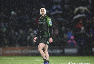Mack Hansen of Connacht during the United Rugby Championship match between Connacht and Munster at The Sportsground in Galway. Photo by Piaras &Oacute; M&iacute;dheach/Sportsfile