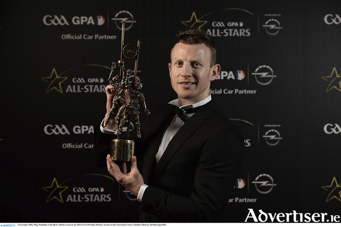 Mayo footballer Colm Boyle with his award at the 2016 GAA/GPA Opel All-Stars Awards at the Convention Centre in Dublin. Photo by Seb Daly/Sportsfile 