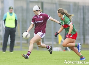 Galway&rsquo;s Shauna Hynes and Mayo&#039;s Jenna Mortimor in action from the Lidl National Football League game in Duggan Park, Ballinasloe on Saturday. Photo: Mike Shaughnessy 