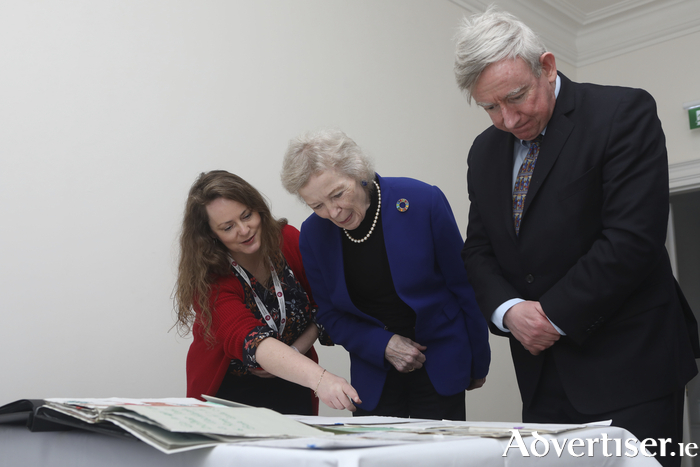 University of Galway Archivist Niamh Ní Charra, former President of Ireland and United Nations High Commissioner for Human Rights, Mary Robinson and President of University of Galway, Ciarán Ó hÓgartaigh at the Mary Robinson Centre in Ballina. Credit - Corinne Beatty.