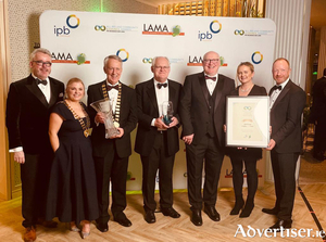 Kenny Deery and Eveanne Ryan, Galway Chamber; Cllr Liam Carroll, Cathaoirleach of Galway County Counci, Liam Conneally, Chief Executive of Galway County Council, Valerie Kelly, Galway Local Enterprise Office and Galway County Council&#039;s Alan Farrell at the 2024 All-Ireland Community and Council Awards.