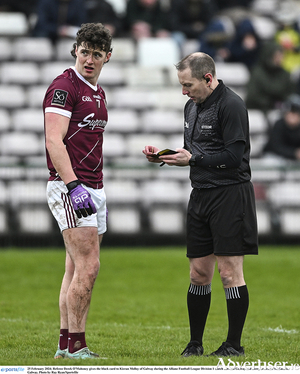 Referee Derek O&#039;Mahoney gives the black card to Kieran Molloy of Galway during the Allianz Football League Division 1 match between Galway and Derry at Pearse Stadium in Galway. Photo by Ray Ryan/Sportsfile