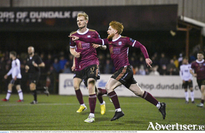 Aodh Dervin of Galway United celebrates after scoring his side&rsquo;s second goal during the SSE Airtricity Men&rsquo;s Premier Division match between Dundalk and Galway United at Oriel Park in Dundalk, Louth. Photo by Ben McShane/Sportsfile
