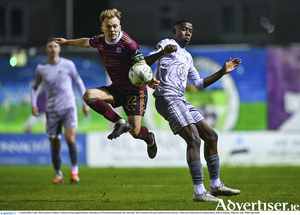 Conor McCormack of Galway United in action against Romeo Akachukwu of Waterford during the SSE Airtricity Men&#039;s Premier Division match between Galway United and Waterford at Eamonn Deacy Park in Galway. Photo by Tyler Miller/Sportsfile