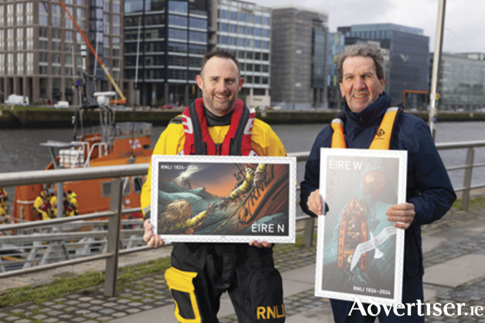 RNLI celebrated 200 years of saving lives with the unveiling of two special stamps from An Post, which depict the charity’s lifesaving work in Ireland. Pictured are Lough Ree RNLI volunteers, Liam Sherringham and Tom McGuire. Photograph: Patrick Browne