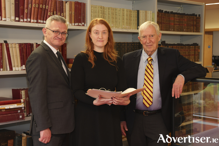 Kerby A Miller along with Digital Archivist Marie-Louise Rouget and Professor Breandán Mac Suibhne at University of Galway Library to mark the launch of Imirce, a digital repository of thousands of Irish emigrant letters. Credit - Aengus McMahon