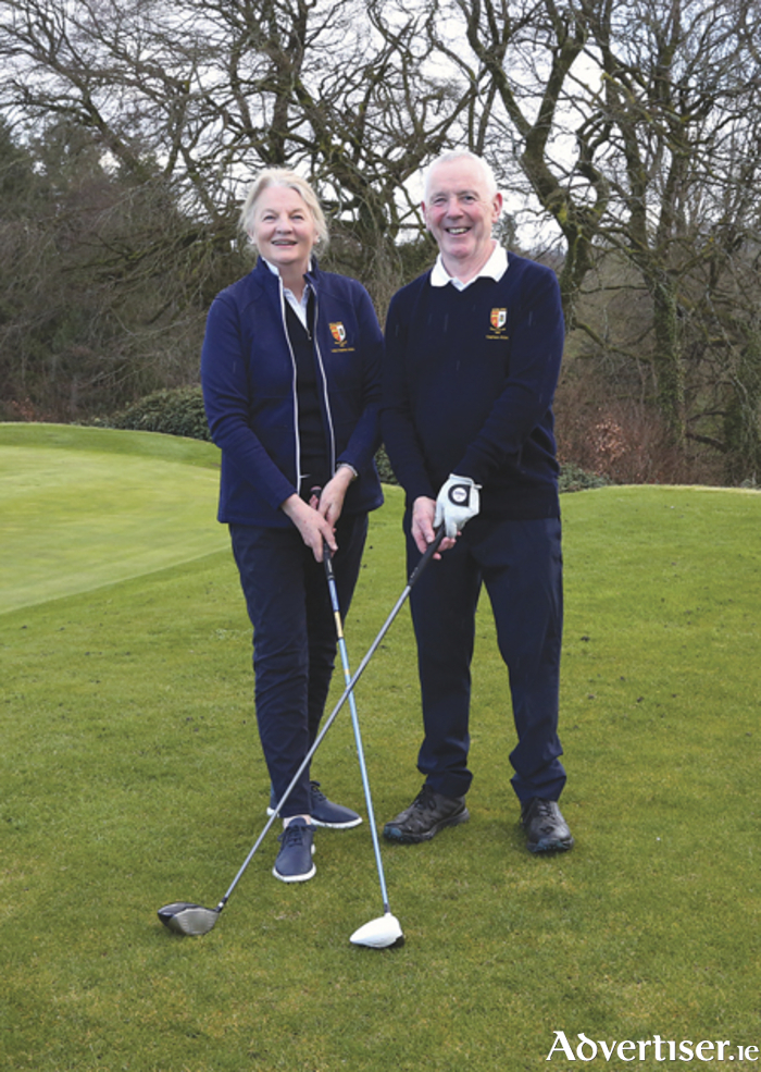 Yvonne Walsh and Eamon Farrell, are pictured prior to their respective captains’ drive in tee shots at Athlone Golf Club
