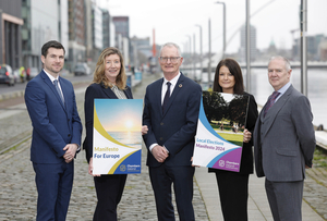 Photo Caption &ndash; Pictured (l-r) at the launch of Chambers Ireland&rsquo;s Local and EU Election Manifestos are David Branagan, Fingal Chamber; Mary Rose Burke, Dublin Chamber; Ian Talbot, Chambers Ireland; Helen Downes, Shannon Chamber; and Peter Byrne, South Dublin Chamber.  

