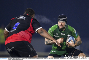Conor Oliver of Connacht and Asenathi Ntlabakanye of Emirates Lions during the United Rugby Championship match between Connacht and Emirates Lions at The Sportsground in Galway.