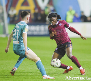 Galway United&rsquo;s Al Amin Kazeem and Shamrock Rovers Daragh Burns in action from the SSE Airtricity League of Ireland Men&#039;s Premier Division game at Eamonn Deacy Park on Friday night. 
Photo: Mike Shaughnessy 