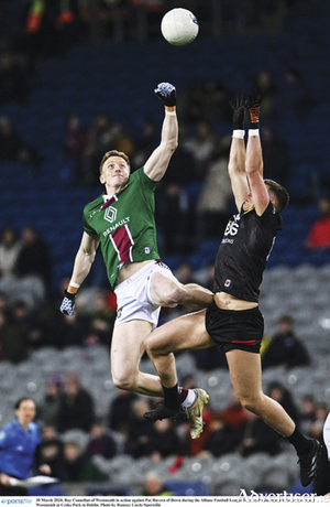 Athlone club player Ray Connellan rises highest during Westmeath&#039;s Allianz Football League Division 3 final victory over Down at Croke Park. Photo by Ramsey Cardy/Sportsfile